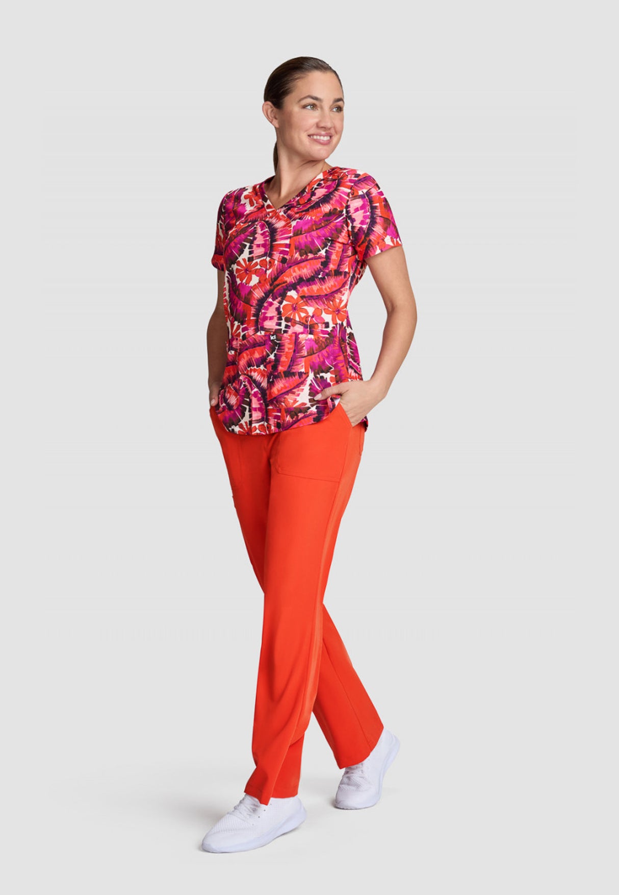 koi™ Next Gen Women's Early Energy 2-Pocket Scrub Print Top - Tropical Dreams