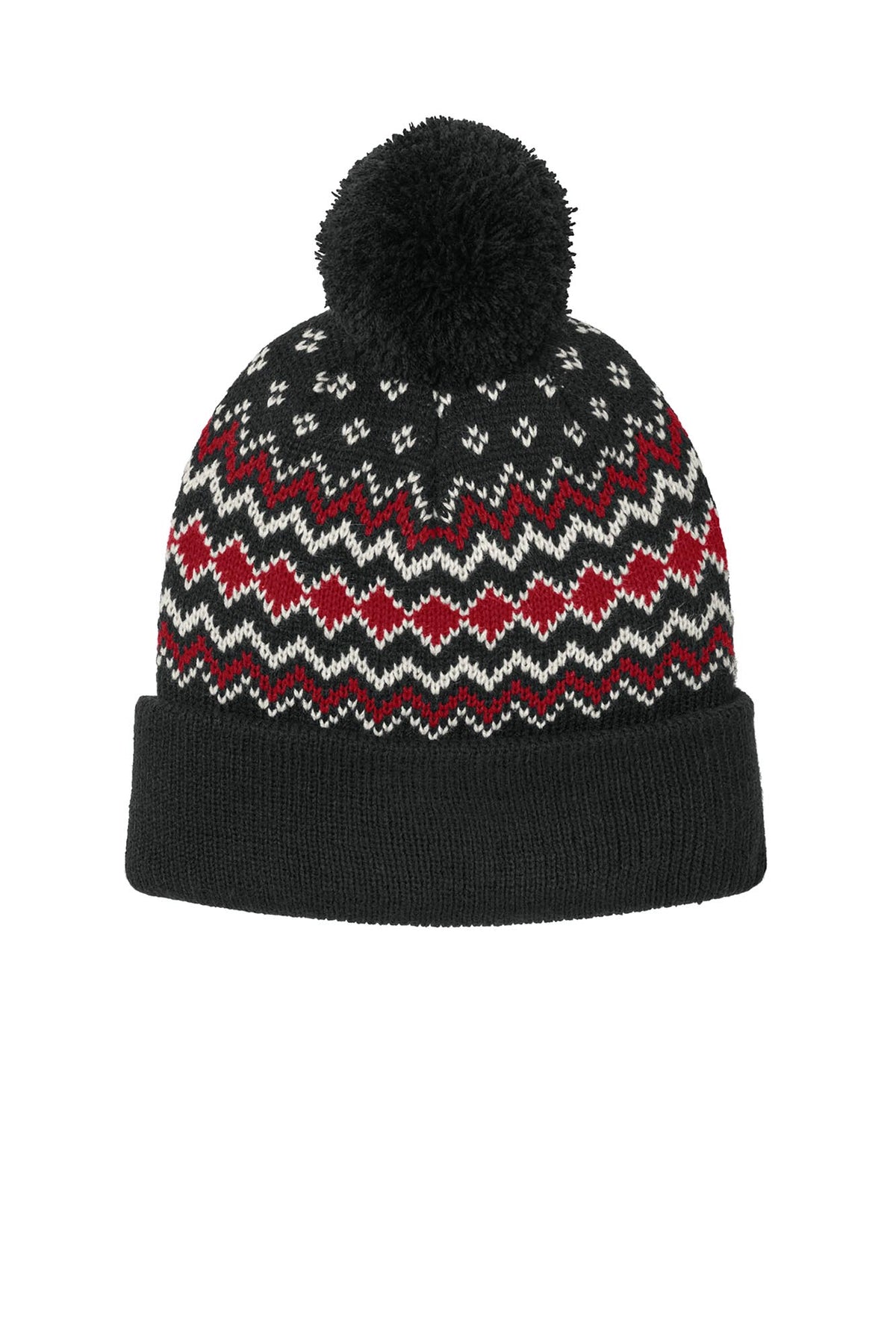 Port Authority® Alpine Pom Beanie - Deep Black/Rich Red/Marshmallow