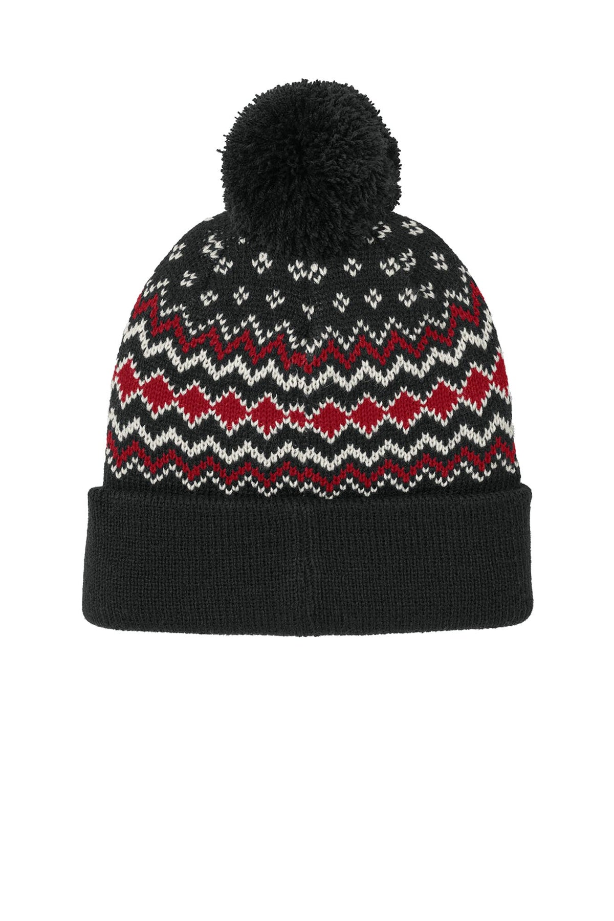 Port Authority® Alpine Pom Beanie - Deep Black/Rich Red/Marshmallow
