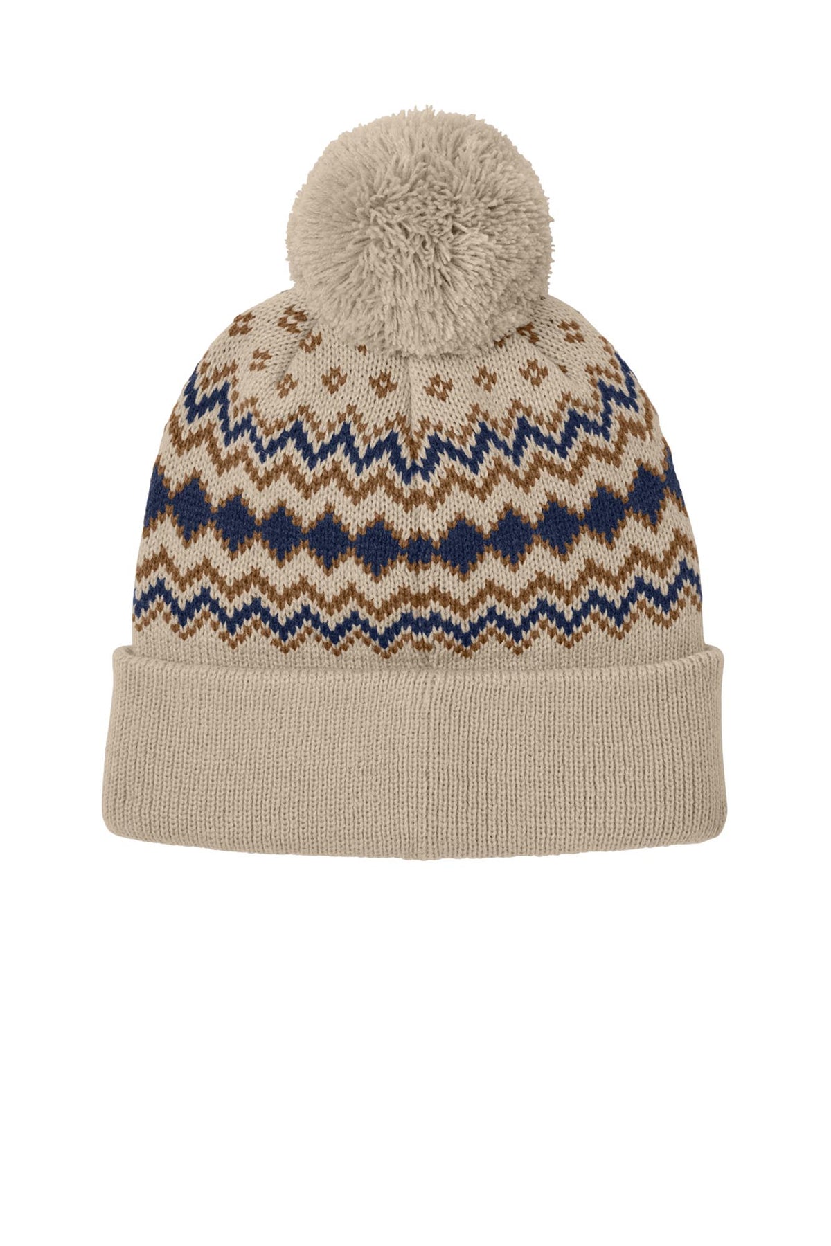 Port Authority® Alpine Pom Beanie - Sahara/True Navy/Duck Brown