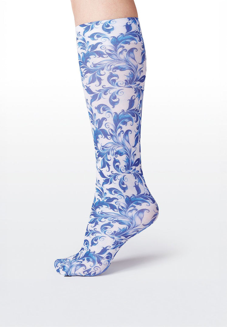 Cutieful Blue Watercolor Flowers Print Sheer Knee High Compression Socks 8-15 mmHg