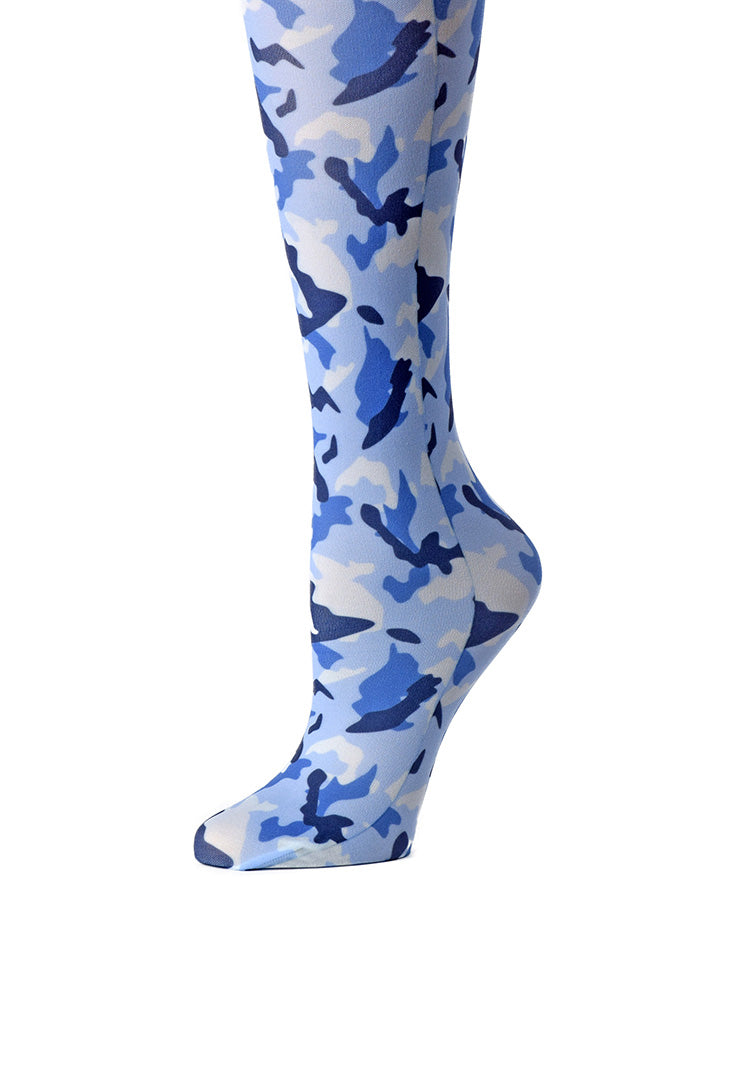 Blue Camo Print Sheer Knee High Compression Socks 8-15 mmHg