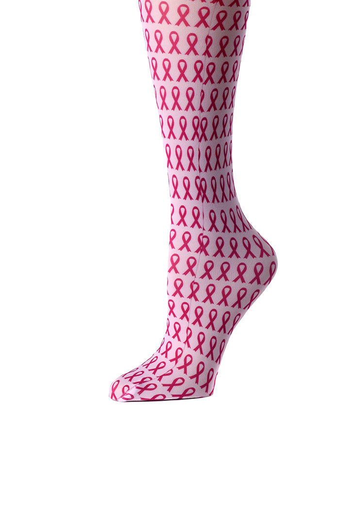 Breast Cancer Awareness Ribbons Print Sheer Knee High Compression Socks 8-15 mmHg