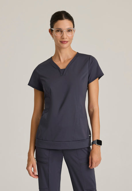 Grey's Anatomy™ Knit Stretch Women's Curved V-Neck Hidden-Seam Pocket Motivate Knit Top