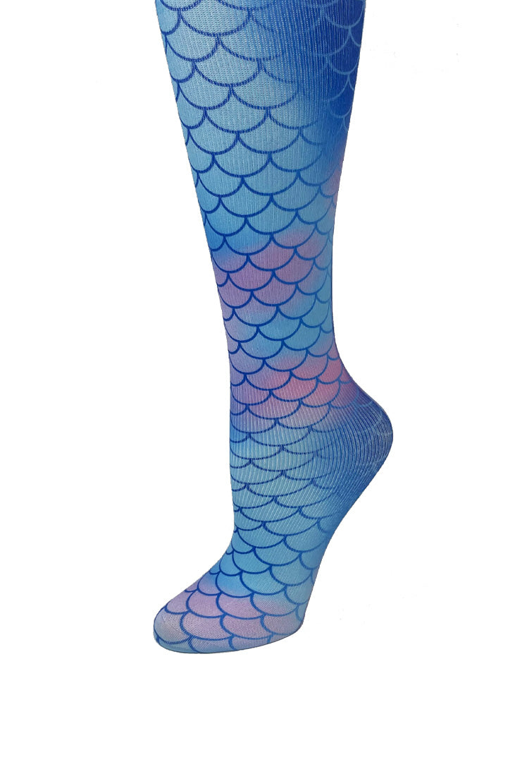 Cutieful Mermaid Scales Print Sheer Knee High Compression Socks 8-15 mmHg