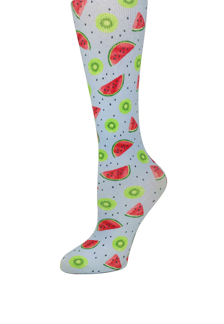 Cutieful Watermelon Kiwi Print Sheer Knee High Compression Socks 8-15 mmHg