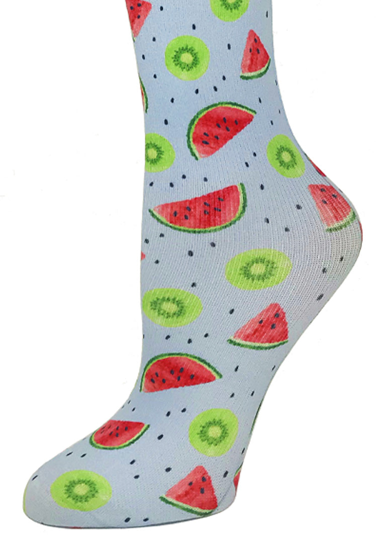 Cutieful Watermelon Kiwi Print Sheer Knee High Compression Socks 8-15 mmHg