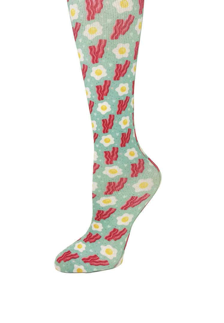 Cutieful Bacon & Eggs Print Sheer Knee High Compression Socks 8-15 mmHg
