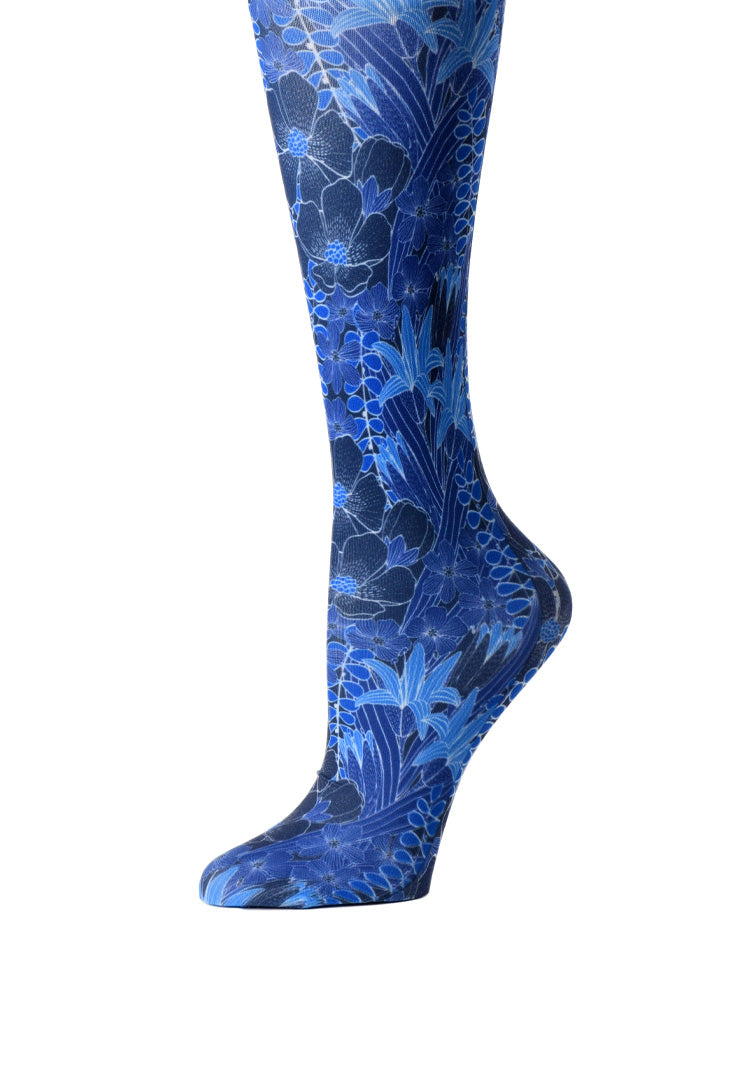 Cutieful Blue Flowers Print Sheer Knee High Compression Socks 8-15 mmHg
