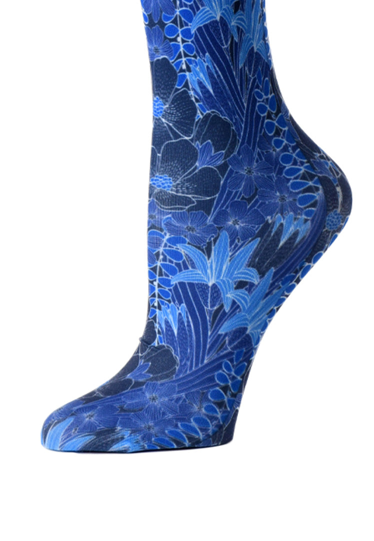 Cutieful Blue Flowers Print Sheer Knee High Compression Socks 8-15 mmHg