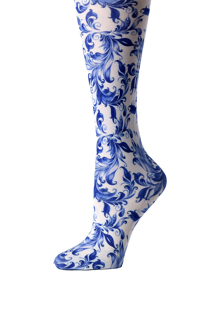 Cutieful Blue Watercolor Flowers Print Sheer Knee High Compression Socks 8-15 mmHg