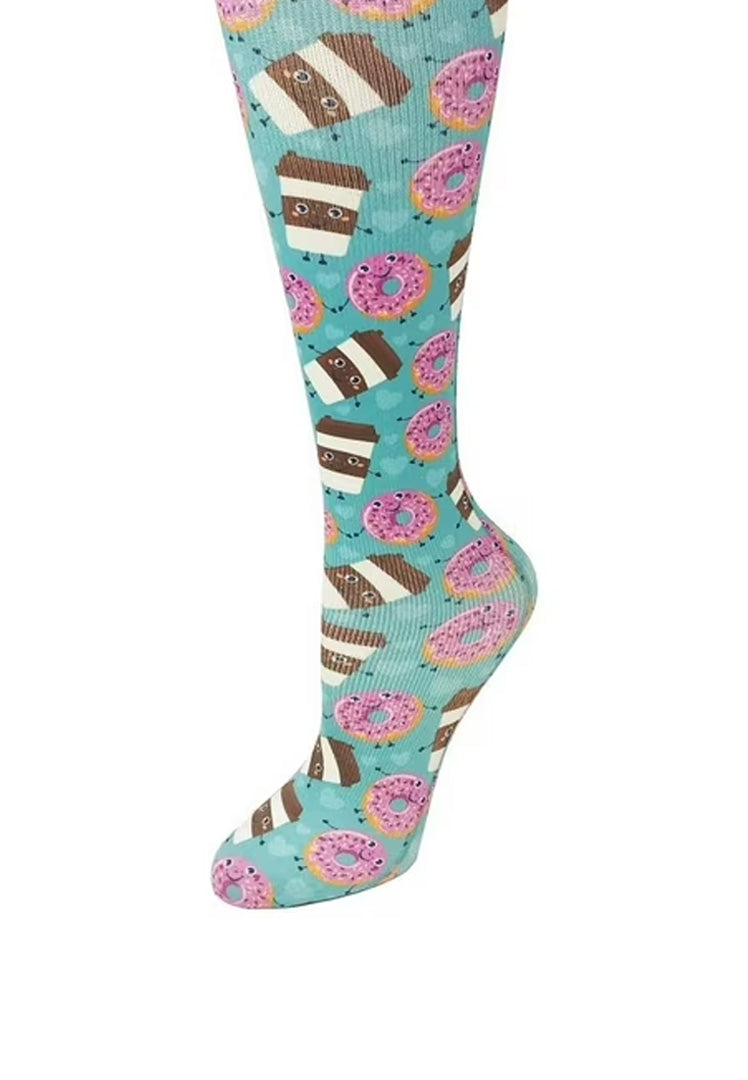 Cutieful Coffee & Donuts Print Sheer Knee High Compression Socks 8-15 mmHg