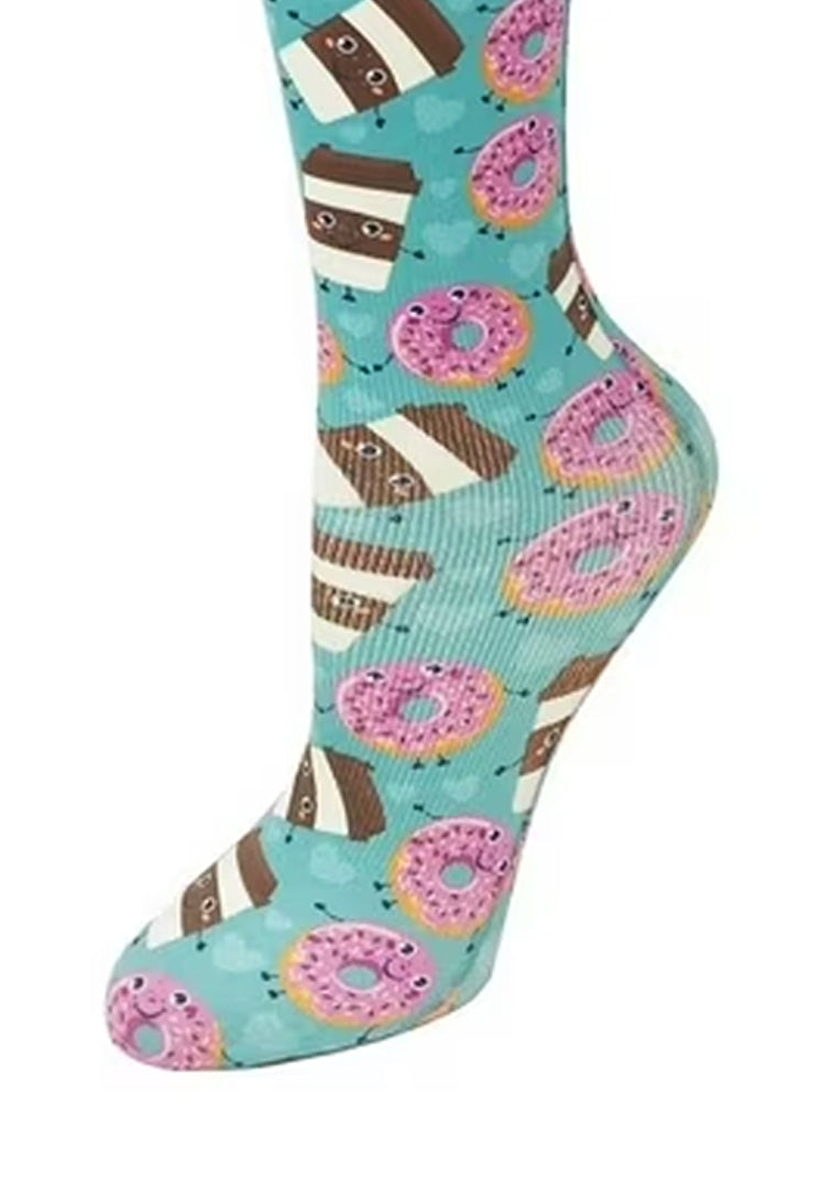 Cutieful Coffee & Donuts Print Sheer Knee High Compression Socks 8-15 mmHg