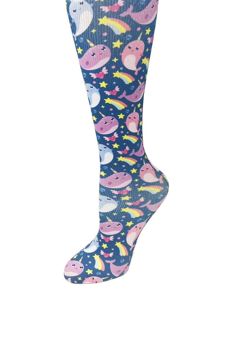 Cutieful Narwhals Print Sheer Knee High Compression Socks 8-15 mmHg