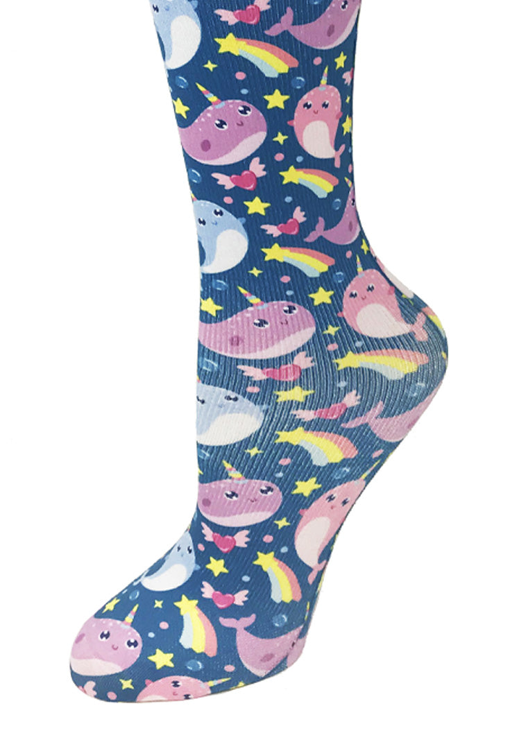 Cutieful Narwhals Print Sheer Knee High Compression Socks 8-15 mmHg