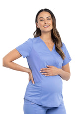 Cherokee Workwear Revolution Women's 2-Pocket Maternity Mock Wrap Top