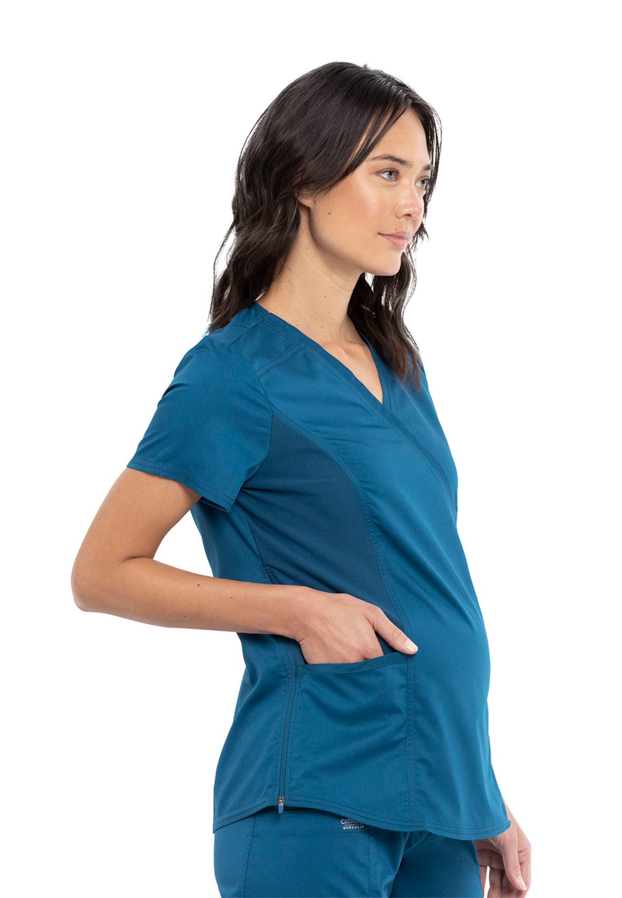 Cherokee Workwear Revolution Women's 2-Pocket Maternity Mock Wrap Top