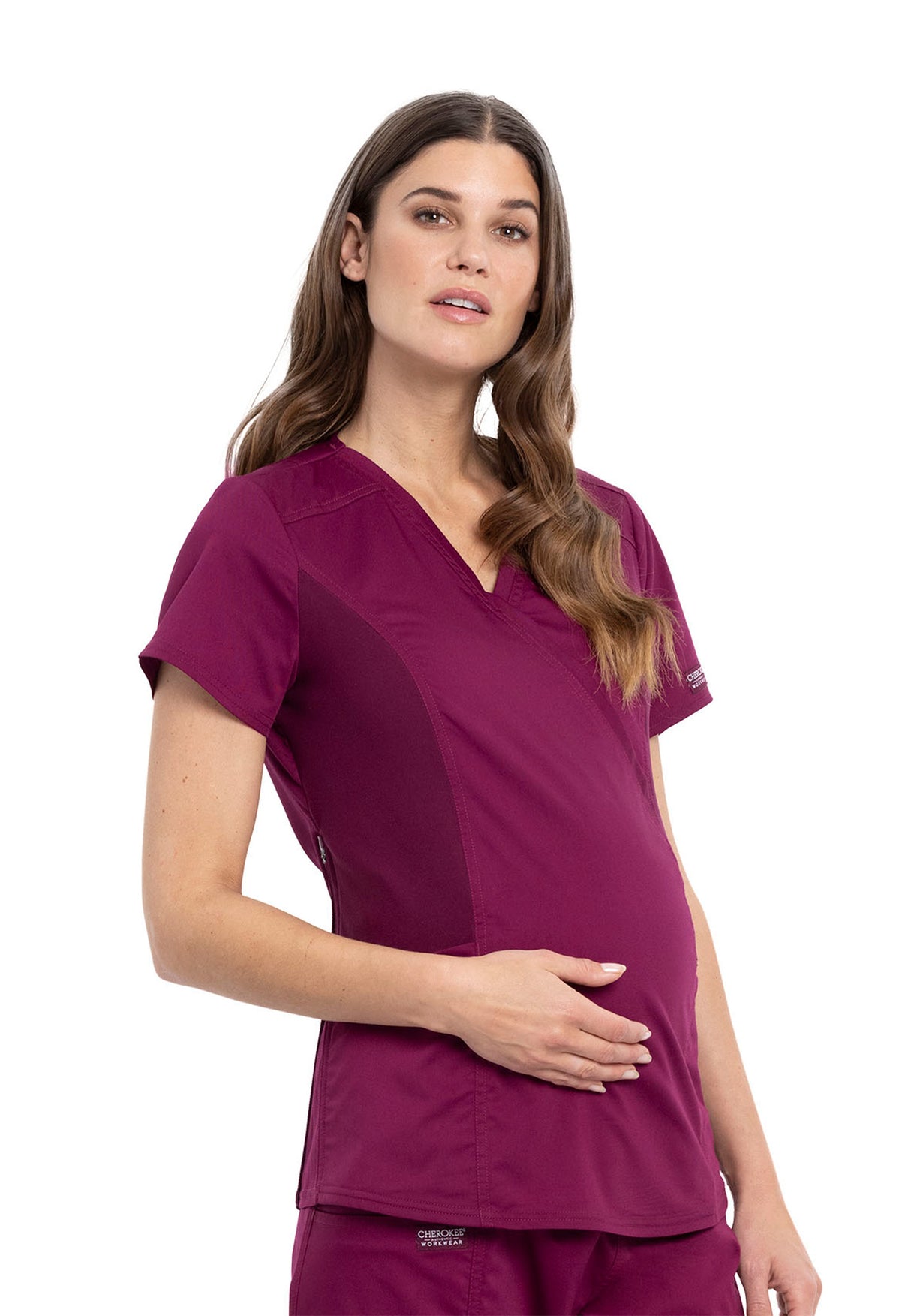 Cherokee Workwear Revolution Women's 2-Pocket Maternity Mock Wrap Top