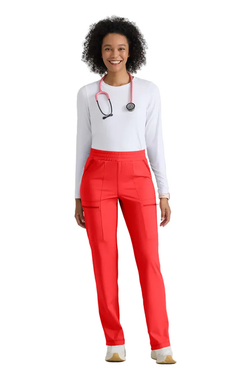 Grey's Anatomy Knit Stretch Momentum Women's 6-Pocket Straight Leg Pant - Limited Edition Radiant Coral
