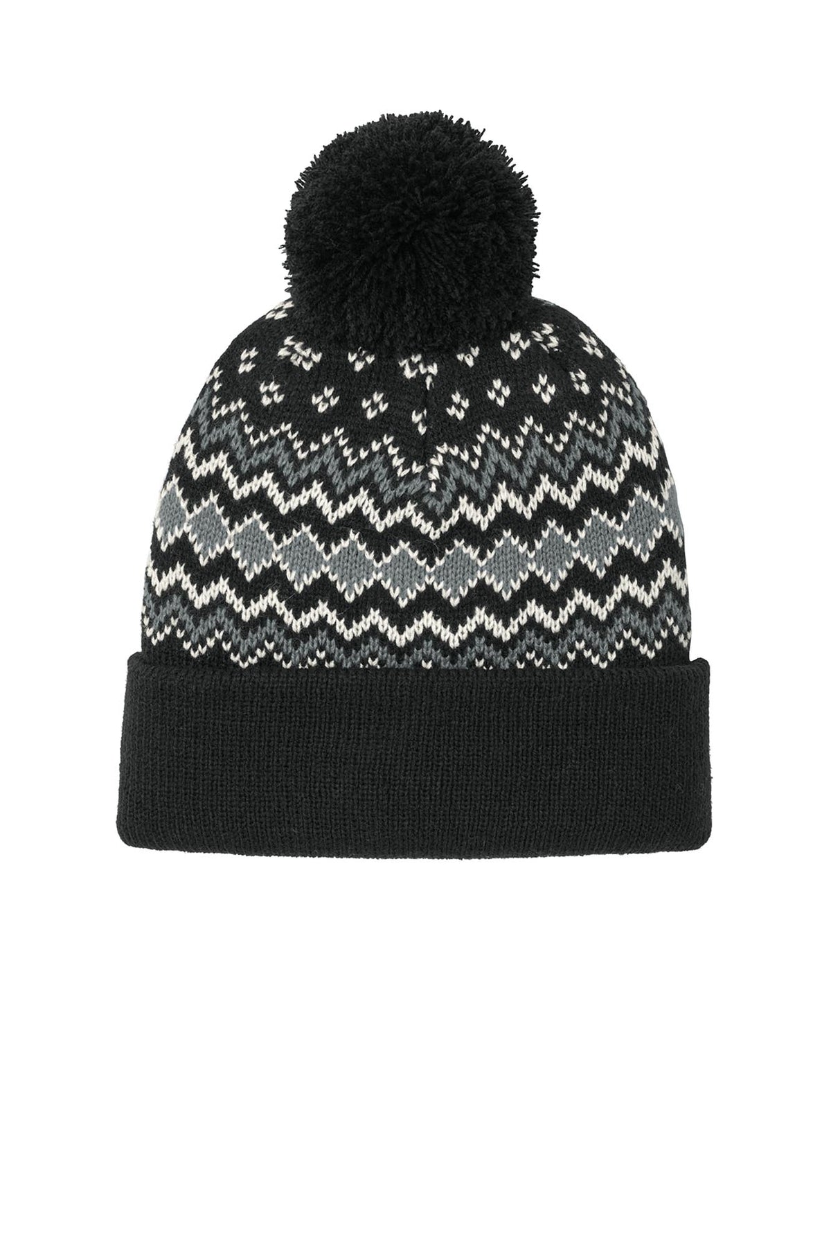 Port Authority® Alpine Pom Beanie - Deep Black/Gusty Grey/Marshmallow