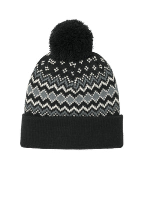 Port Authority® Alpine Pom Beanie - Deep Black/Gusty Grey/Marshmallow