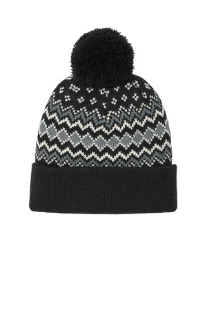 Port Authority® Alpine Pom Beanie - Deep Black/Gusty Grey/Marshmallow