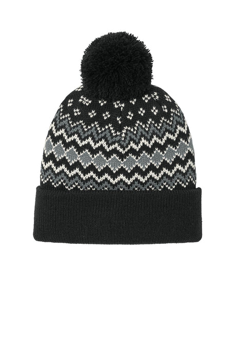 Port Authority® Alpine Pom Beanie - Deep Black/Gusty Grey/Marshmallow