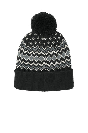 Port Authority® Alpine Pom Beanie - Deep Black/Gusty Grey/Marshmallow