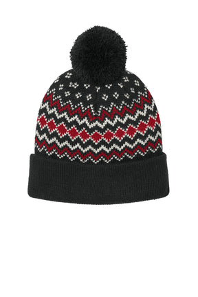 Port Authority® Alpine Pom Beanie - Deep Black/Rich Red/Marshmallow