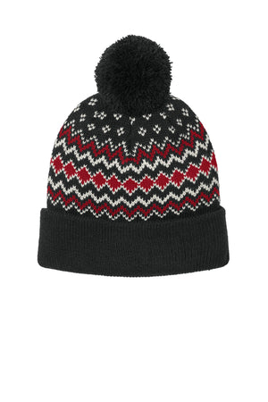 Port Authority® Alpine Pom Beanie - Deep Black/Rich Red/Marshmallow