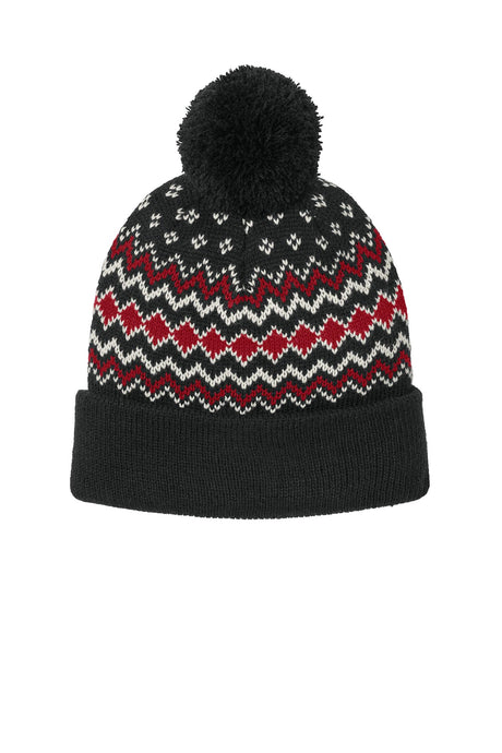 Port Authority® Alpine Pom Beanie - Deep Black/Rich Red/Marshmallow