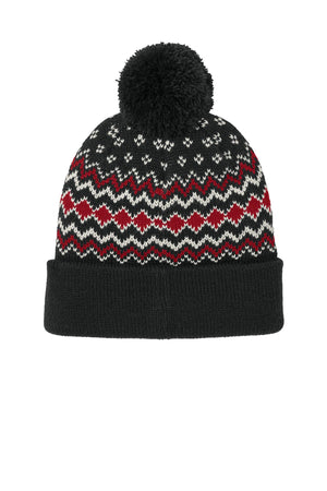 Port Authority® Alpine Pom Beanie - Deep Black/Rich Red/Marshmallow