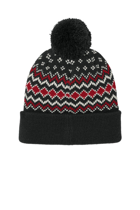 Port Authority® Alpine Pom Beanie - Deep Black/Rich Red/Marshmallow