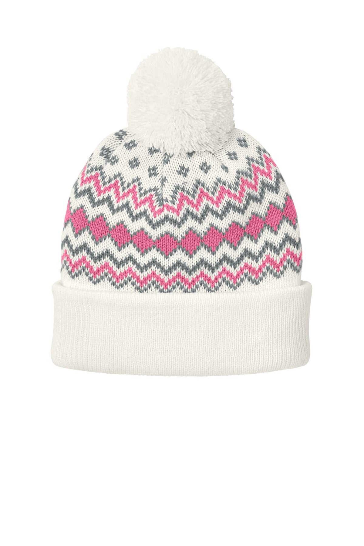 Port Authority® Alpine Pom Beanie - Marshmallow/Awareness Pink/Gusty Grey