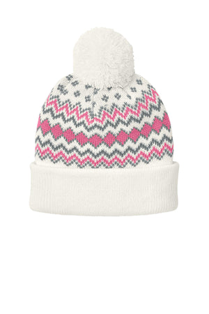 Port Authority® Alpine Pom Beanie - Marshmallow/Awareness Pink/Gusty Grey