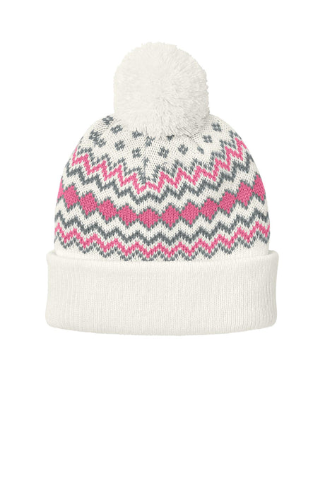 Port Authority® Alpine Pom Beanie - Marshmallow/Awareness Pink/Gusty Grey