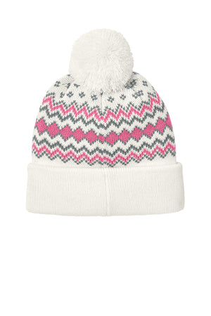 Port Authority® Alpine Pom Beanie - Marshmallow/Awareness Pink/Gusty Grey