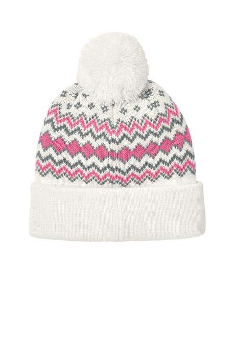 Port Authority® Alpine Pom Beanie - Marshmallow/Awareness Pink/Gusty Grey