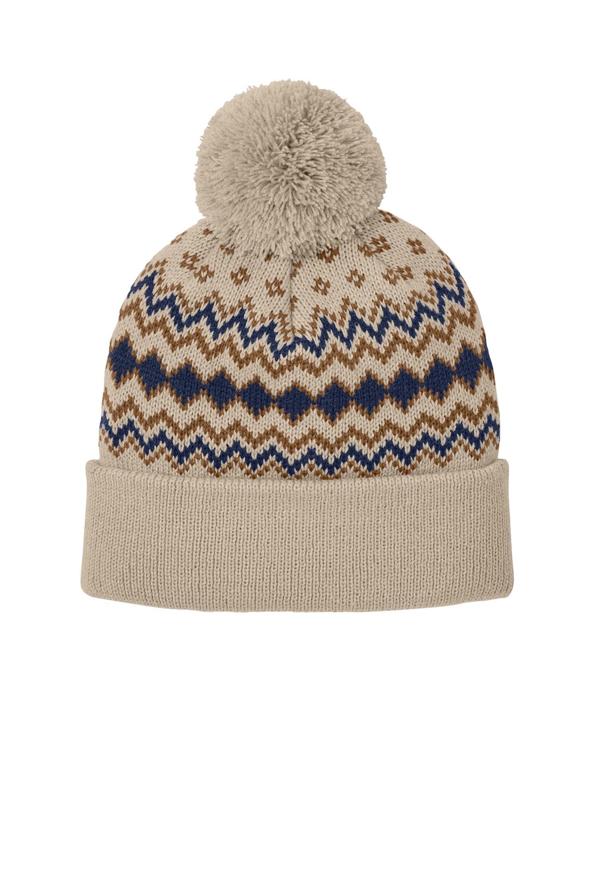 Port Authority® Alpine Pom Beanie - Sahara/True Navy/Duck Brown