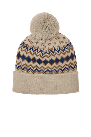 Port Authority® Alpine Pom Beanie - Sahara/True Navy/Duck Brown