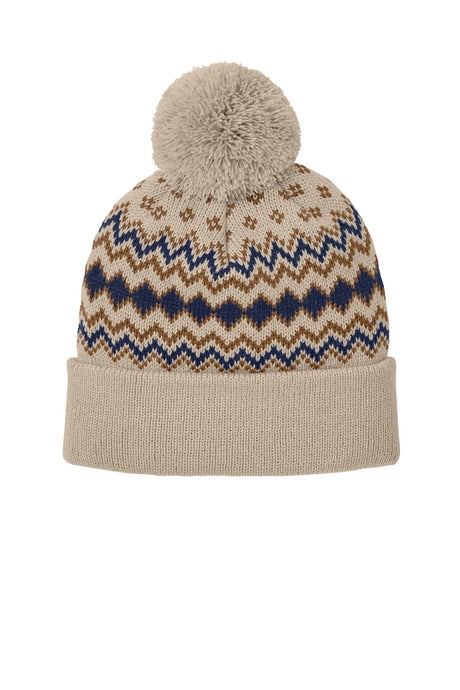 Port Authority® Alpine Pom Beanie - Sahara/True Navy/Duck Brown