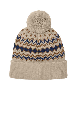 Port Authority® Alpine Pom Beanie - Sahara/True Navy/Duck Brown