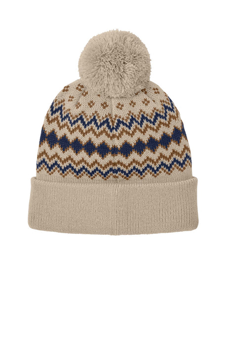 Port Authority® Alpine Pom Beanie - Sahara/True Navy/Duck Brown