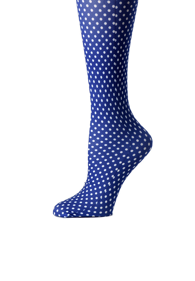 Blue Polka Dot Print Sheer Knee High Compression Socks 8-15 mmHg