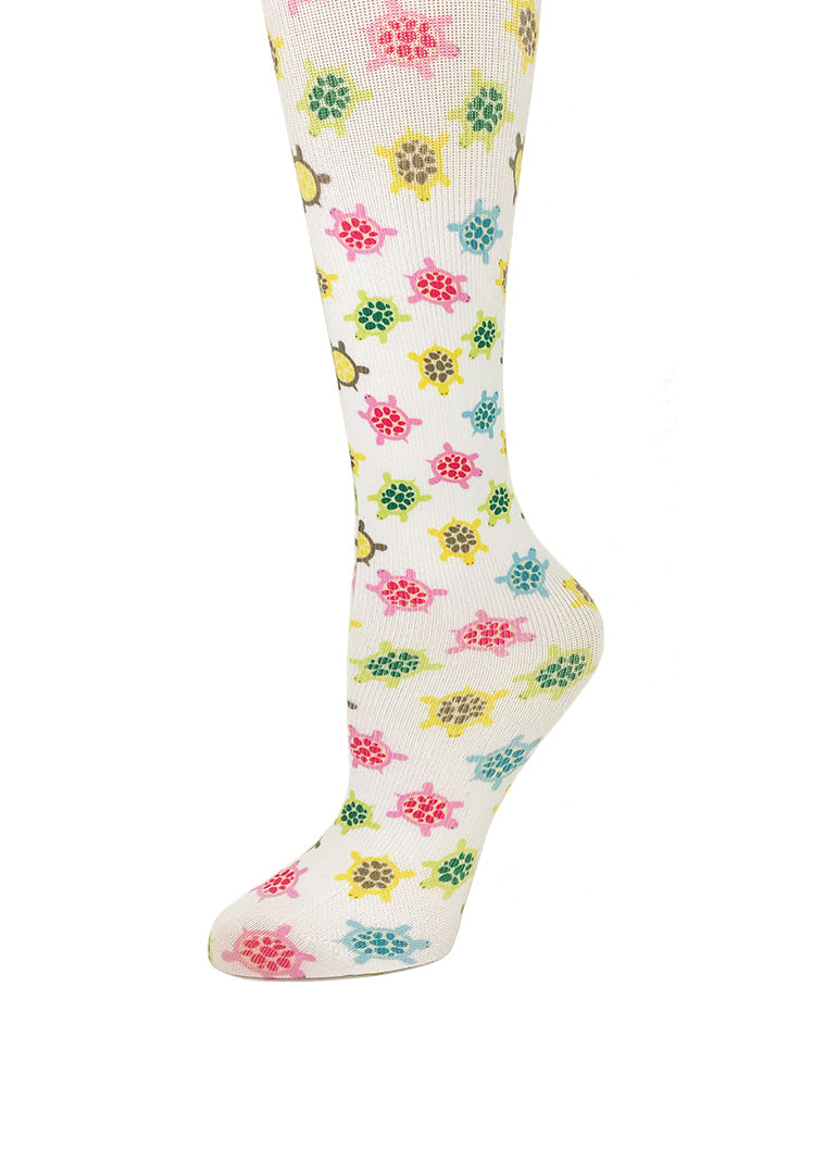 Bright Turtles Print Sheer Knee High Compression Socks 8-15 mmHg