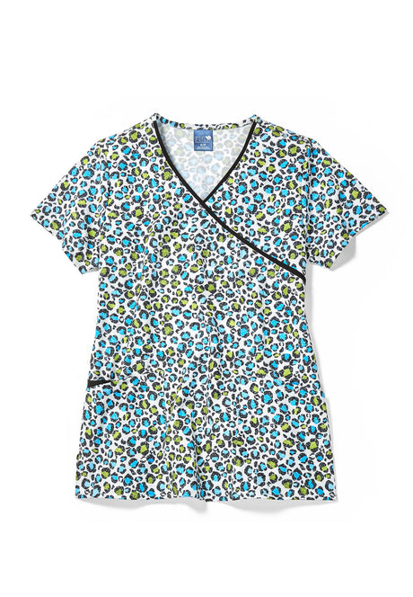 Zoe+Chloe Women's Contrast Mock Wrap 3-Pocket Print Scrub Top