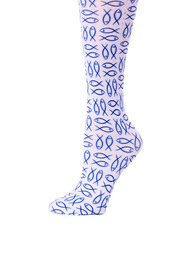 Christian Fish Print Sheer Knee High Compression Socks 8-15 mmHg