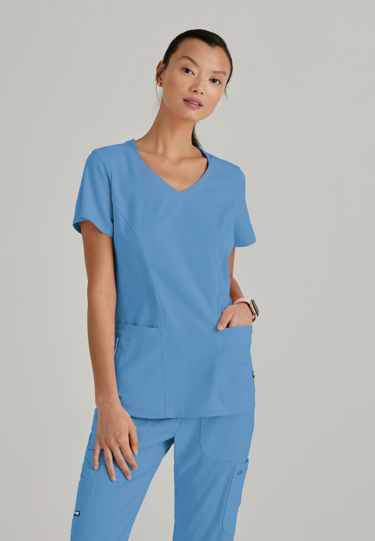 Grey's Anatomy™ Spandex Stretch Women's Carly 3-Pocket Curved V-Neck Scrub Top