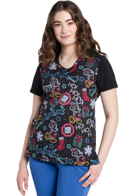 Tooniforms Women's 2-Pocket Holiday Print V-Neck Top