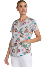 Tooniforms Women's 2-Pocket V-Neck Stylized Hem Holiday Print Top